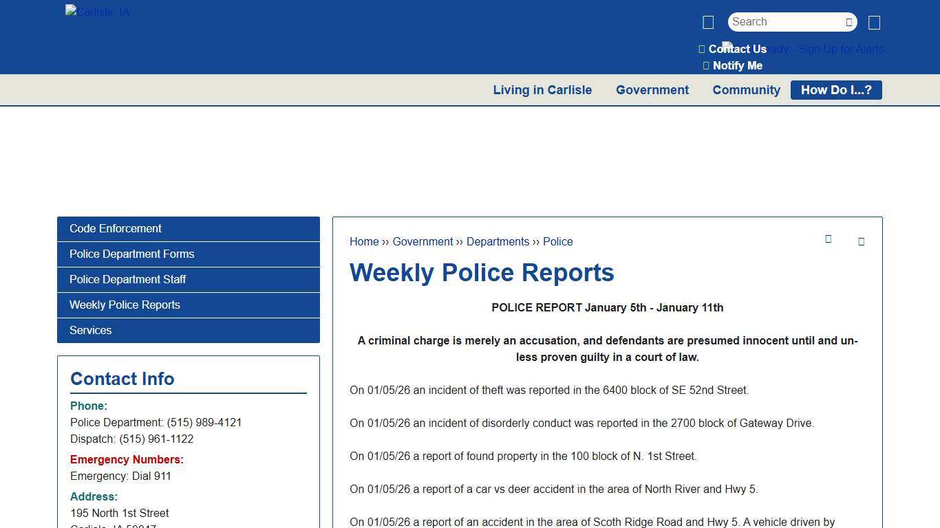 Weekly Police Reports | Carlisle, IA
